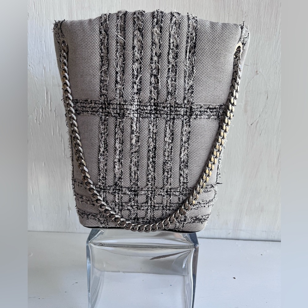 BURBERRY Lola Needle Punch Check Canvas Small Bucket Bag- Black and White - Picture 9 of 13